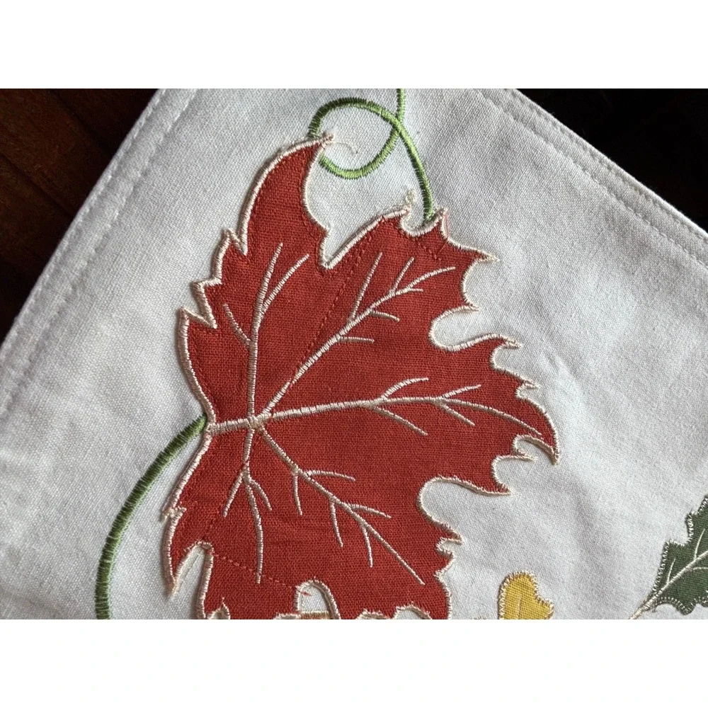 Harvest Plaid Pumpkin Embroidered‎ Fall Placemats Set Cream Autumn Leaves K49328